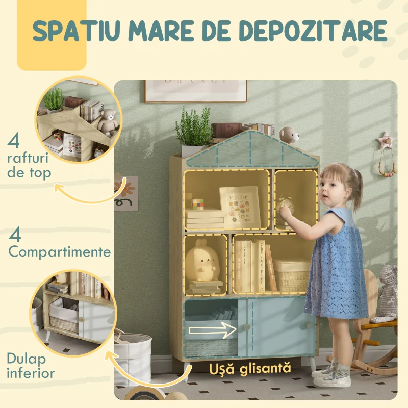 AIYAPLAY Bibliotecă pentru Copii cu 4 Cuburi Deschise și Rafturi Superioare, 80x30x140.5 cm, Alb