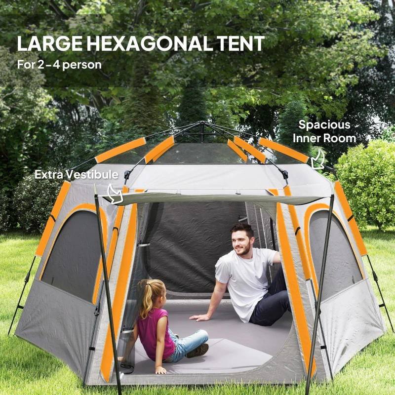 Outsunny Instant Pop Up Camping Tent, 2/3/4 Person Easy Setup Dome Family Tent with Vestibule, Rainfly, 4 Mesh Windows & 2 Doors, Hexagonal Design, Waterproof & UV Protected, Light Grey