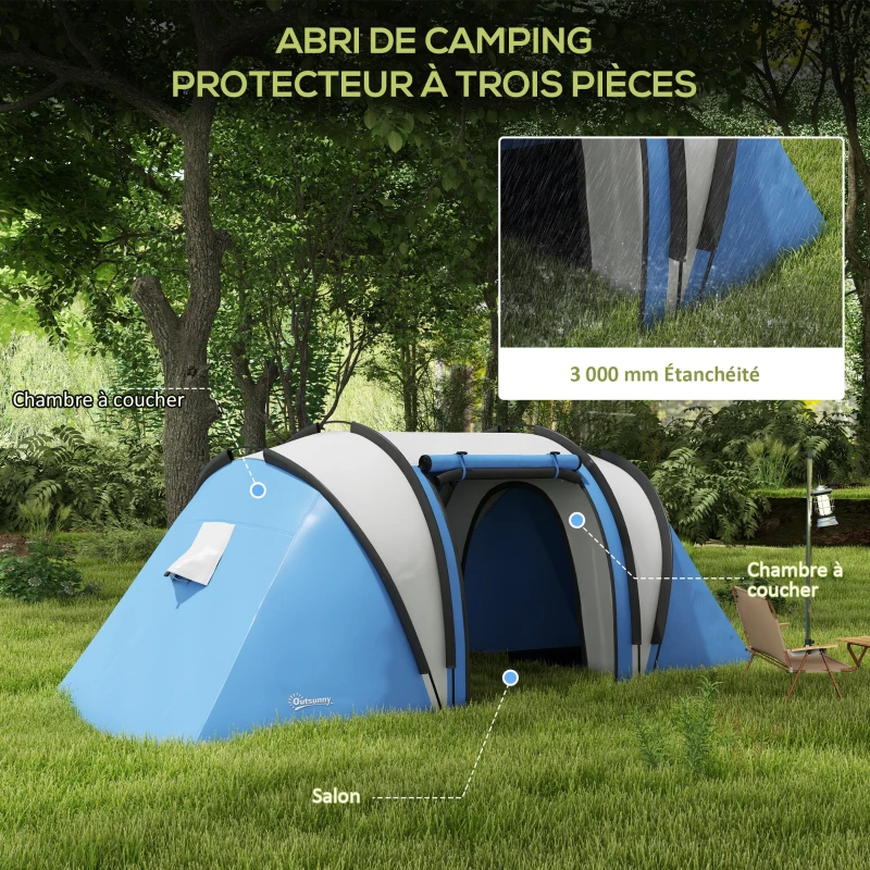 Outsunny Tente de camping familiale 4-5 personnes avec 2 chambres 3 fenêtre, sac de transport, imperméable, 450L x 220l x 180H cm