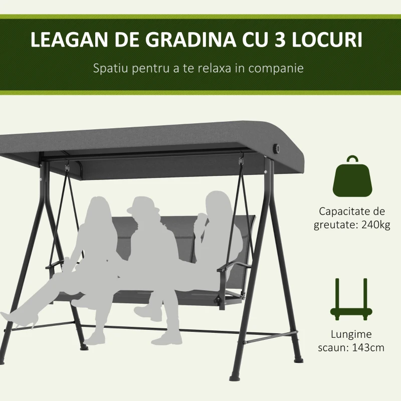 Outsunny Balansoar de Grădină cu 3 Locuri, Copertină Reglabilă și Picioare Anti-alunecare, 195x118x170 cm, Gri Închis