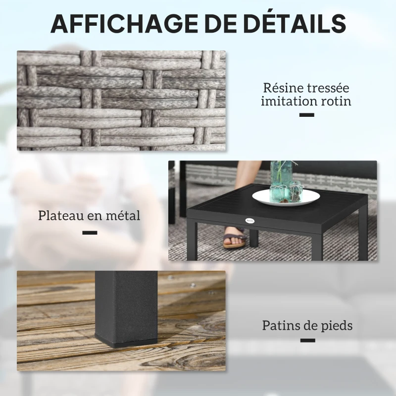 Outsunny Salon de jardin extérieur 5 personnes, salon de balcon en résine tressée avec fauteuils, pouf et table basse gris clair