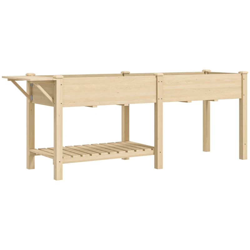Outsunny Strat Înălțat de Grădină cu Masă Laterală, Raft Inferior și  Orificii de Drenaj, 207x59x78 cm, Lemn Natural