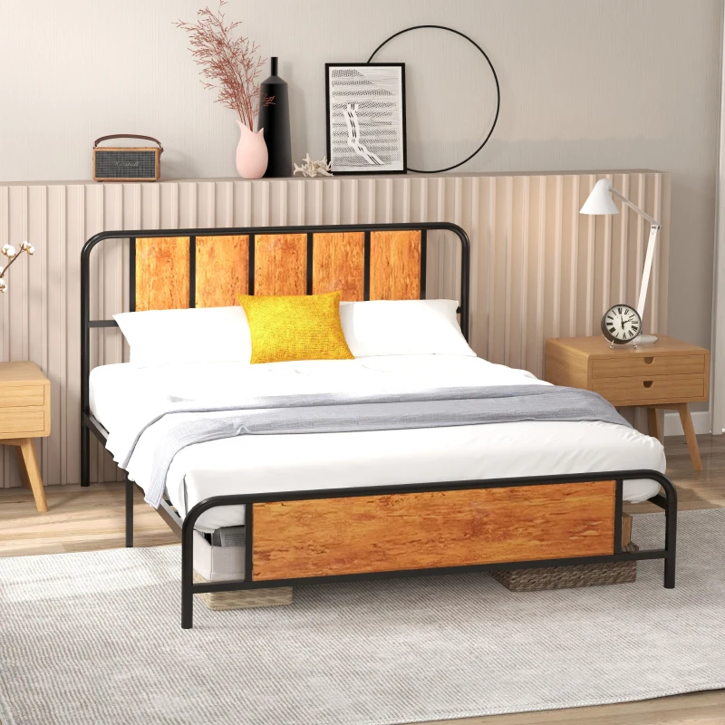 HOMCOM 5.2ft King Bed Frame with Industrial Wood Headboard, Steel Slat Support and 31cm Underbed Storage Space, 160 x 207cm, Rustic Brown