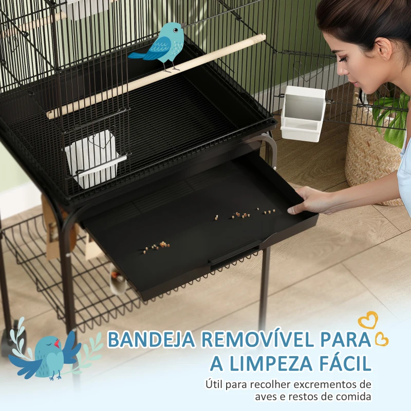 PawHut Gaiola de Metal para Pássaros com Bandeja Amovível Rodas 4 Comedouros 3 Poleiros e 1 Baloiço 50,5x41x163 cm Preto