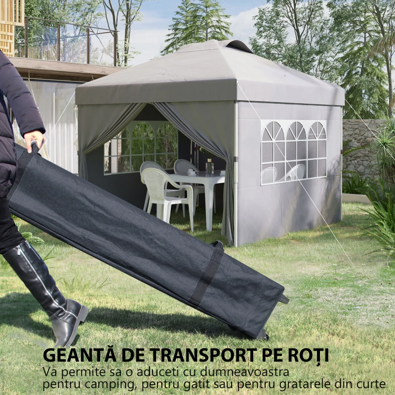 Outsunny Pavilion Pliabil cu Înălțime Reglabilă, Ușă, 2 Ferestre și Geantă de Transport, 297x297x284 cm, Gri Deschis