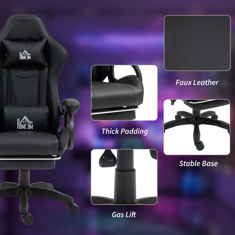 Homcom Scaun Gaming cu Masaj – inclinabil, Suport Lombar & Picioare