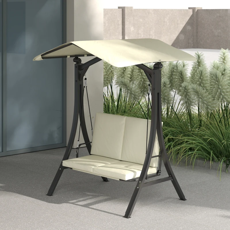 Outsunny Dondolo da Giardino 2 Posti con Tettuccio Regolabile e Cuscini, 150x120x182 cm, Crema