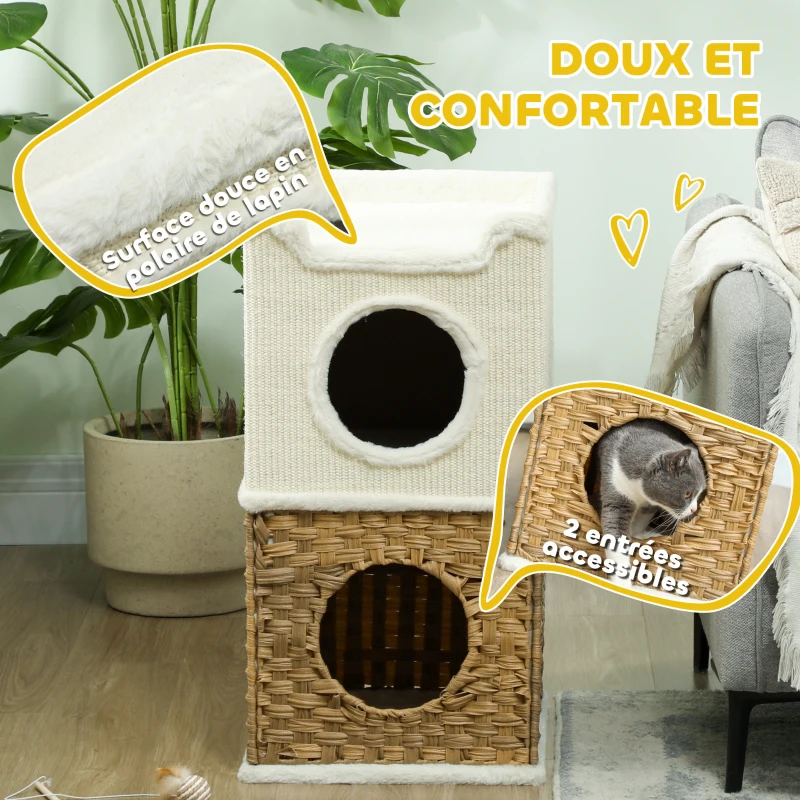 PawHut Niche pour chat d'intérieur à 3 niveaux, tour pour chat avec griffoir en sisal à griffer 41 x 41 x 75,5 cm, crème