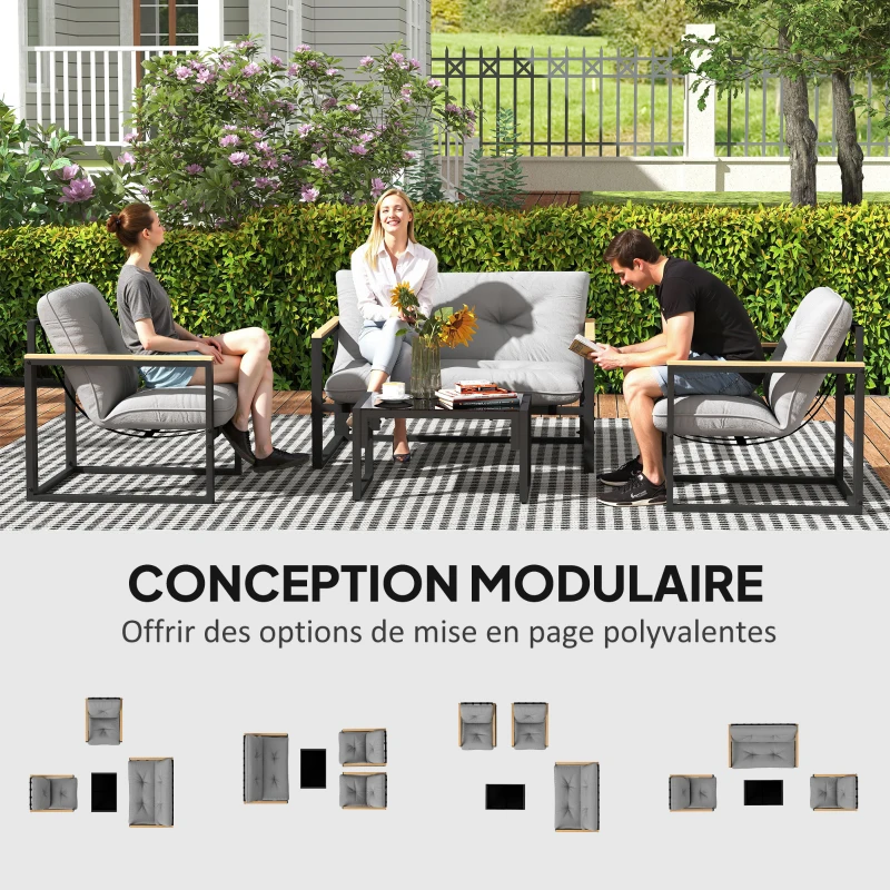Outsunny Salon de jardin extérieur 4 personnes avec canapé, 2 fauteuils et table basse en verre trempé, coussins inclus, gris