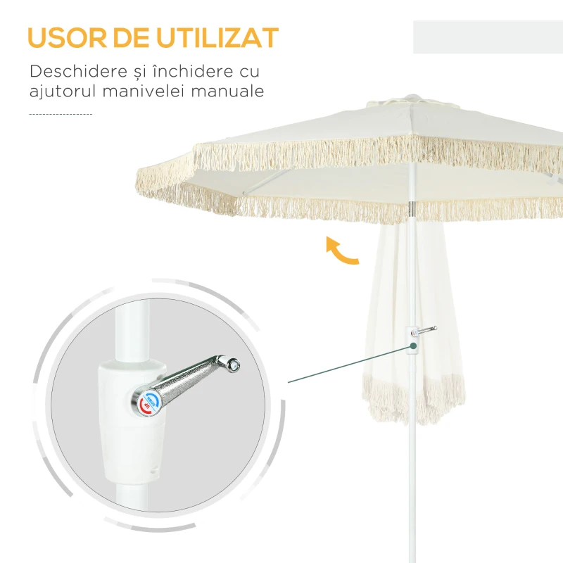 Outsunny Umbrelă de Grădină Înclinabilă cu Franjuri, Manivelă şi Tijă în 2 Secţiuni, Ø2.65x2.45 m, Alb