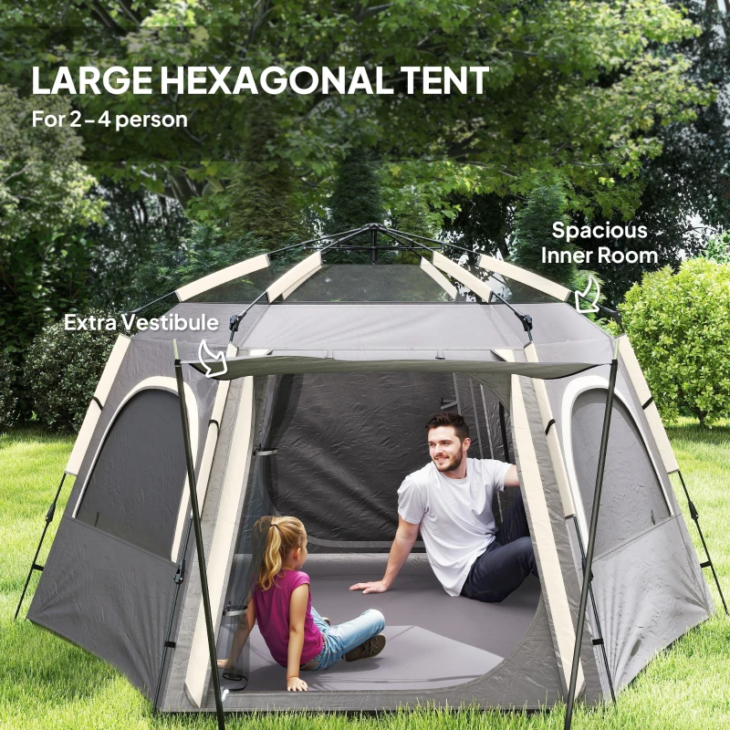 Outsunny Instant Pop Up Camping Tent, 2/3/4 Person Easy Setup Dome Family Tent with Vestibule, Rainfly, 4 Mesh Windows & 2 Doors, Hexagonal Design, Waterproof & UV Protected, Dark Grey