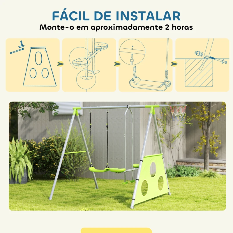 AIYAPLAY Baloiços para Crianças 4 em 1 Baloiços Jardim Exterior com Baloiço Planador Baliza de Futbol e Aro de Basquetebol Verde