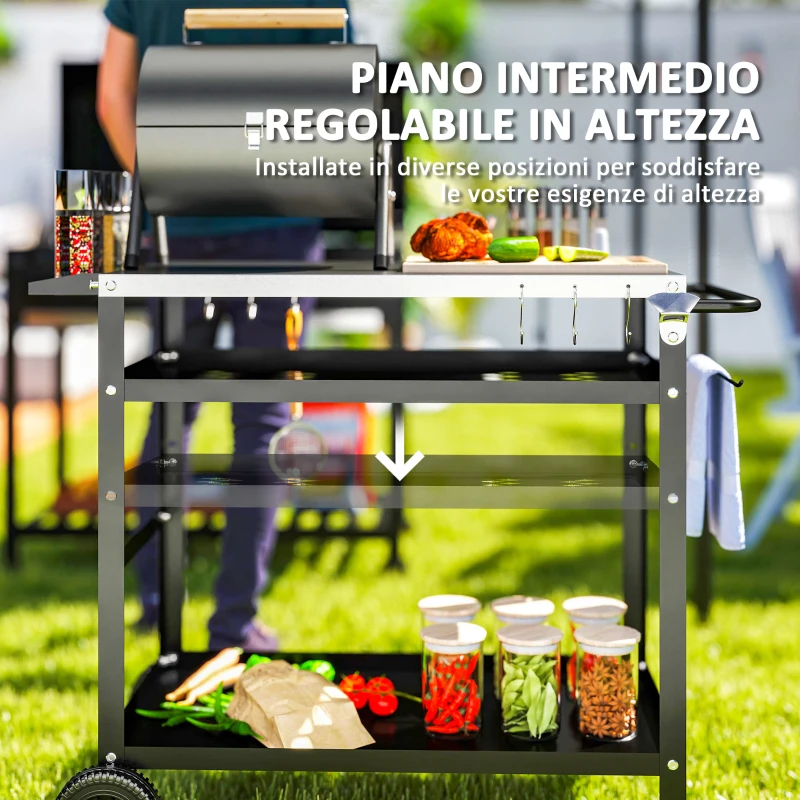 Outsunny Carrello per Barbecue con Piano in Acciaio e Ripiano Regolabile, Ruote e Ganci, 100x52x80 cm, Nero