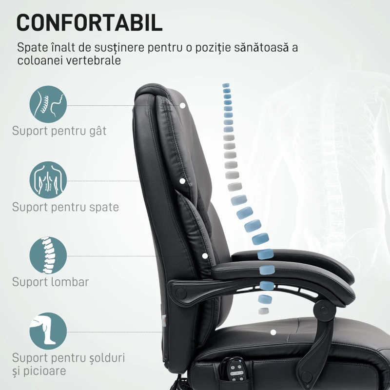 HOMCOM Scaun de Birou cu Masaj prin Vibrații, Spătar Înalt și Înălțime Reglabilă, 66x64x113-121 cm, Negru