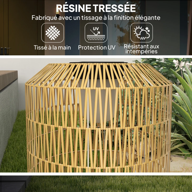 Outsunny Lampadaire solaire extérieur en résine tressée, lampadaire sans fil rechargeable avec capteur de lumière, Ø30x55cm jaune