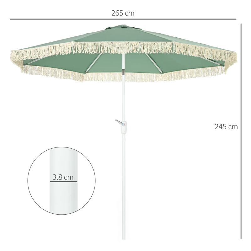 Outsunny Umbrelă de Grădină Înclinabilă cu Franjuri, Manivelă şi Tijă în 2 Secţiuni, Ø2.65x2.45 m, Verde