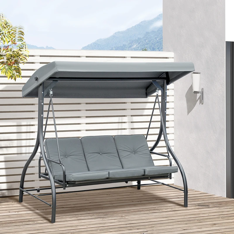 Outsunny 3 Seater Canopy Swing Chair, 2 in 1 Garden Swing Seat Bed, with Adjustable Canopy and Metal Frame, Dark Grey