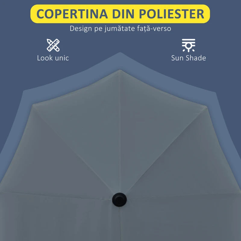 Outsunny Umbrelă Semicirculară Dublă cu Deschidere cu Manivelă, 7 Spițe și Suport în Cruce, 200x190x240 cm, Gri