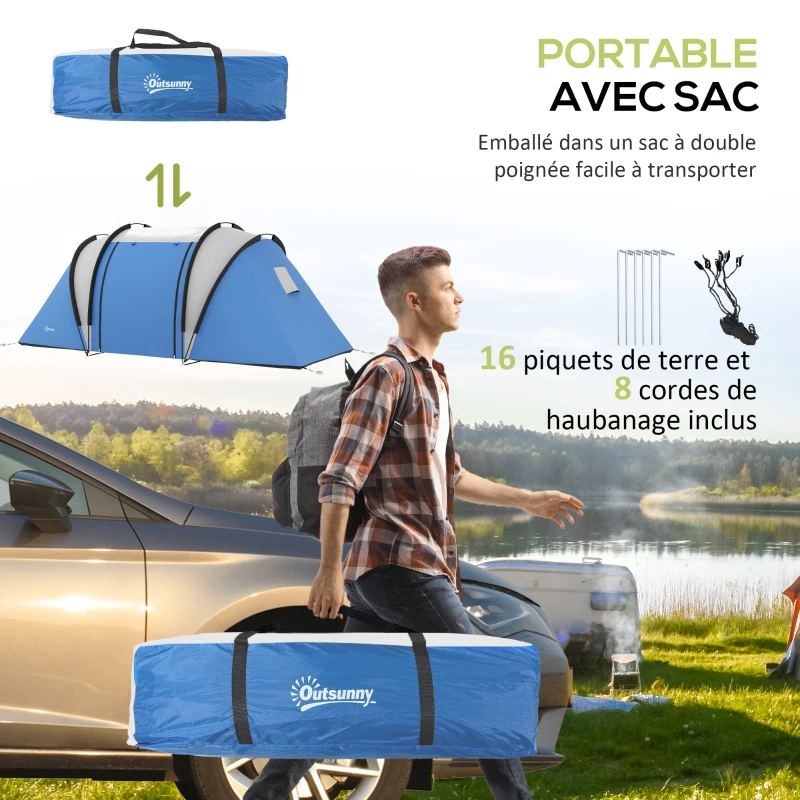 Outsunny Tente de camping familiale 4-5 personnes avec 2 chambres 3 fenêtre, sac de transport, imperméable, 450L x 220l x 180H cm