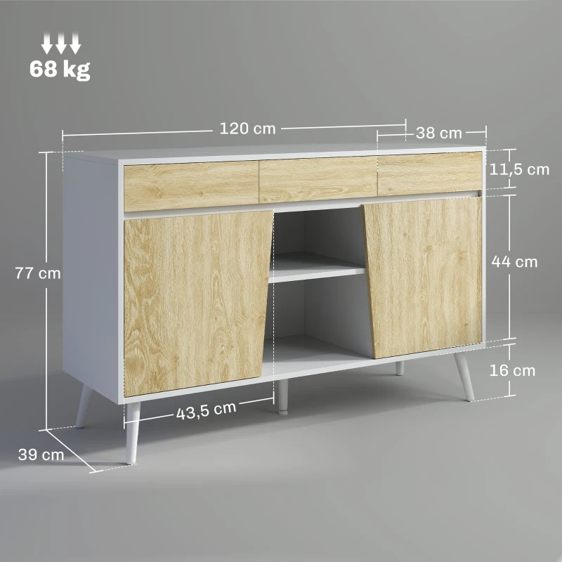 HOMCOM Aparador Moderno con Cajones Estantes Abiertos y Almacenaje Ajustable Para Sala o Comedor 120x39x77 cm Blanco y Natural