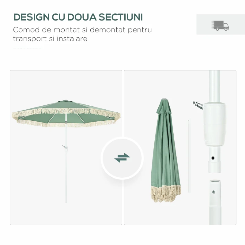 Outsunny Umbrelă de Grădină Înclinabilă cu Franjuri, Manivelă şi Tijă în 2 Secţiuni, Ø2.65x2.45 m, Verde