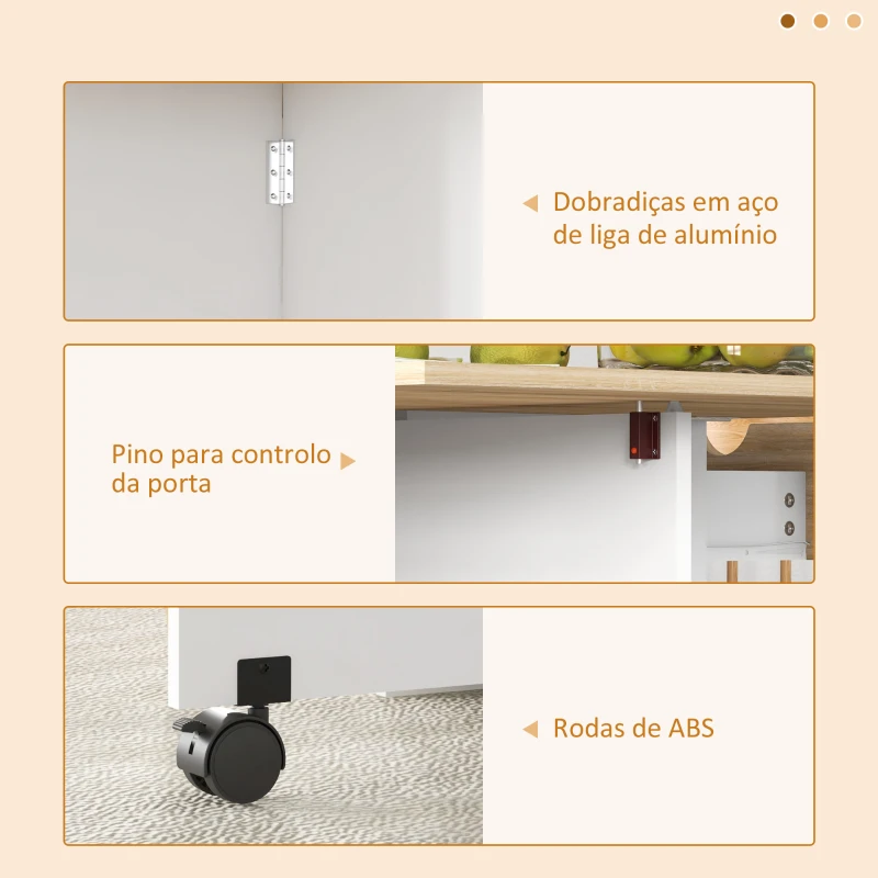 HOMCOM Mesa de Cozinha Dobrável com Rodas Laterais Rebatíveis Gaveta e Prateleiras para 2-4 Pessoas 120x72x75 cm Madeira Branco