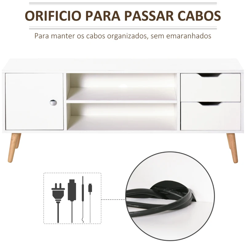 HOMCOM Armário de TV Grande armazenamento com armário prateleiras e gavetas abertas Carga 30 kg 120x28x44 cm Branco
