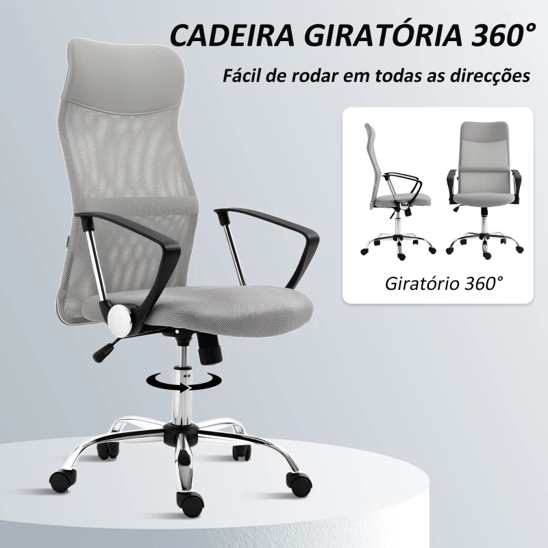 HOMCOM Cadeira de Escritório de Tecido de Malha Encosto para a Cabeça de PU Mecanismo de Inclinação 63x65x109-119 cm Cinza