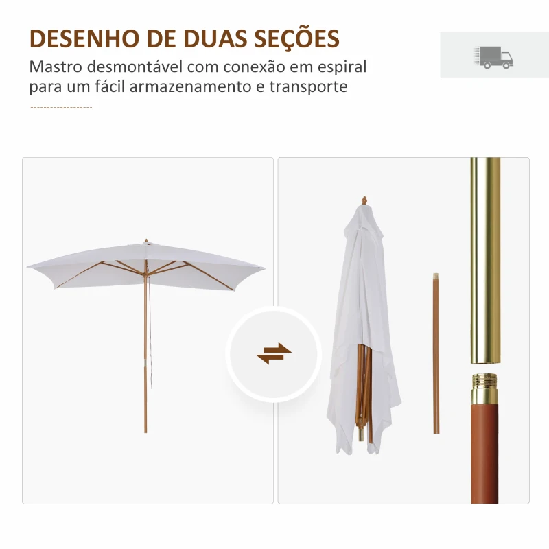 Outsunny Chapéu de Sol de Jardim com Sistema de Poleia Teto Ventilado e Mastro de Madeira para Exterior 2,95x2x2,55m Branco