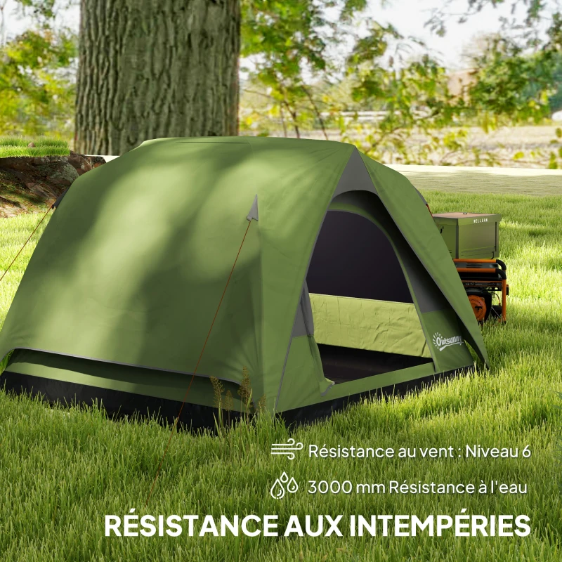 Outsunny Tente de camping 2-4 personnes, tente dôme familiale imperméable, avec fenêtres, poche, sac de transport vert olive