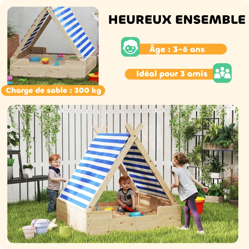 AIYAPLAY Bac à sable en bois pour enfants 3-6 ans, auvent amovible, résistant aux intempéries, 120 x 120 x 126,5 cm, bois naturel
