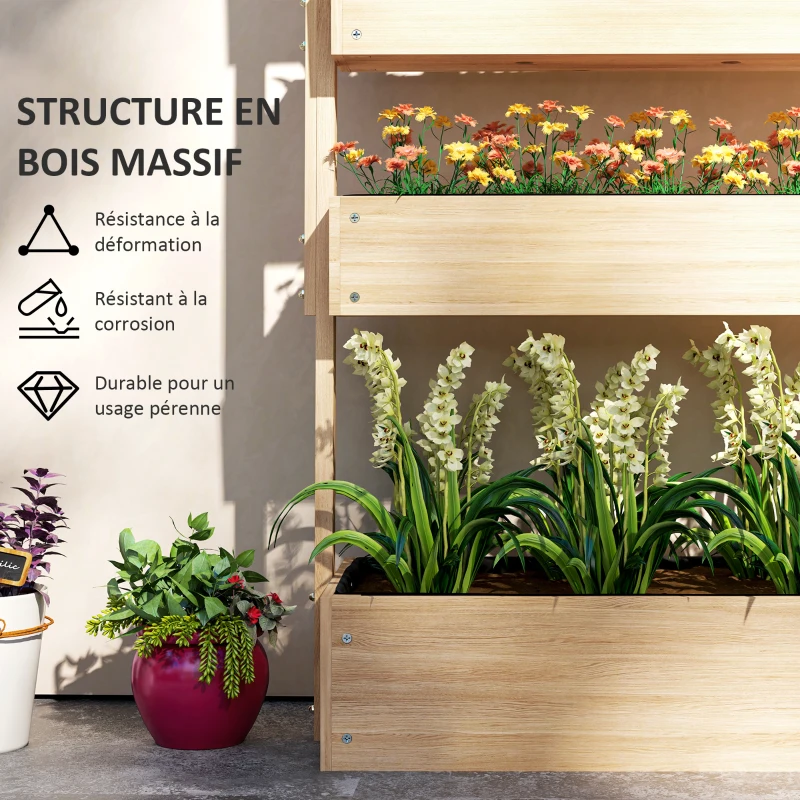 Outsunny Jardinière surélevée en bois avec 4 étages, escalier de fleurs avec doublure, trous de drainage bois naturel
