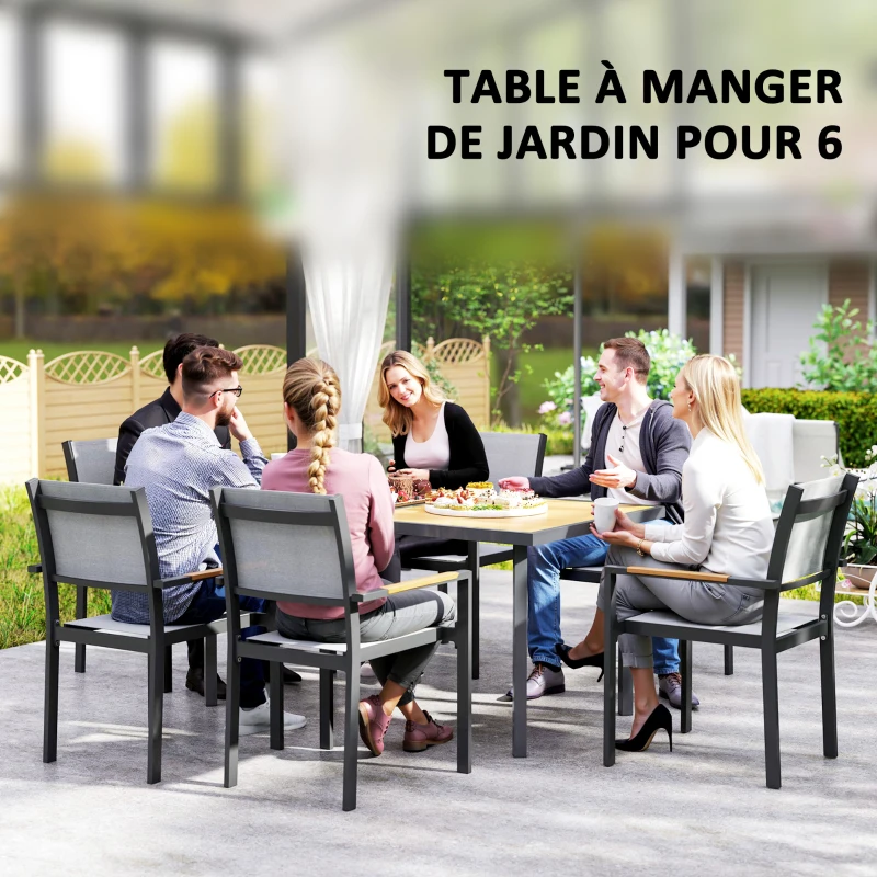 Outsunny Table à manger de jardin pour 6 personnes table de jardin avec plateau effet bois en acier 150 x 90 x 72 cm bois naturel