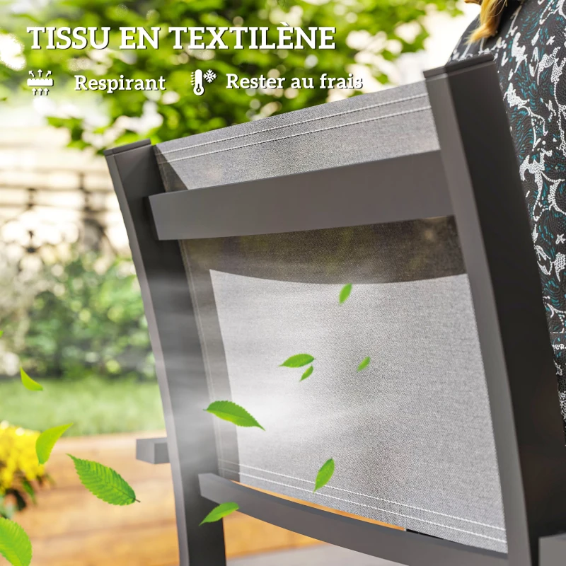 Outsunny Lot de 4 chaises de jardin, chaises de salle à manger avec accoudoirs effet bois cadre en aluminium, gris clair