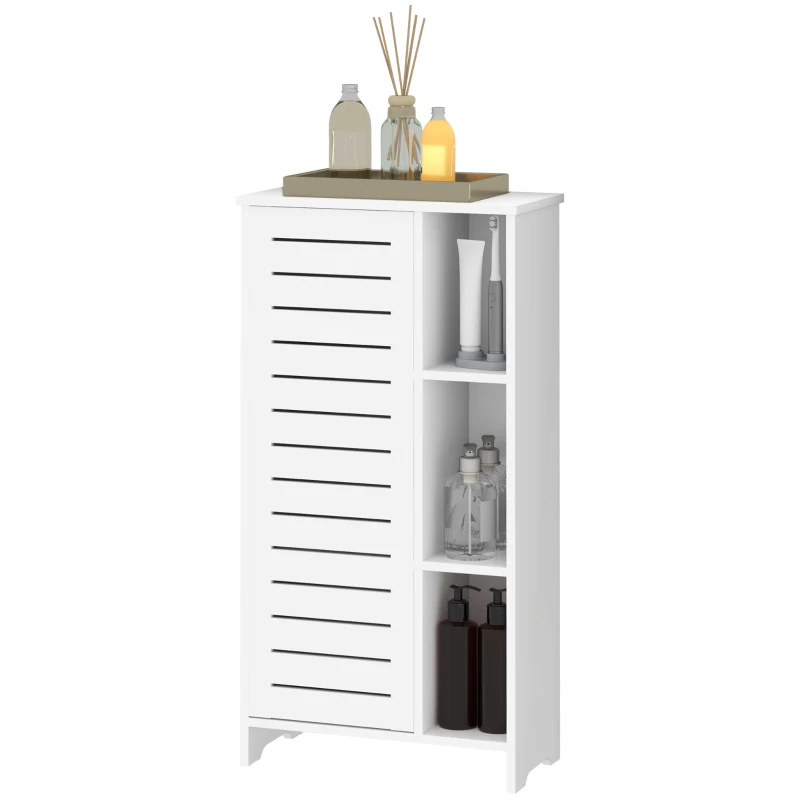HOMCOM Dulap pentru Baie cu Ușă Lamelară, Dulap cu 3 Niveluri și 3 Rafturi Deschise, 48x24x96,5 cm, Alb(m-10)