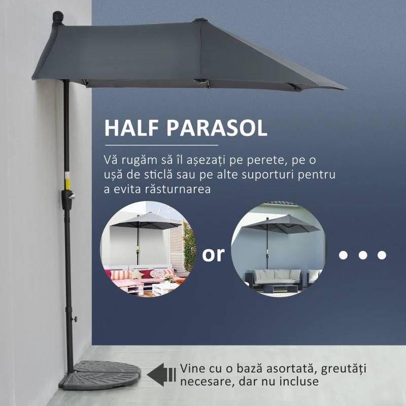 Outsunny Umbrelă Semicirculară Dublă cu Deschidere cu Manivelă, 7 Spițe și Suport în Cruce, 200x190x240 cm, Gri