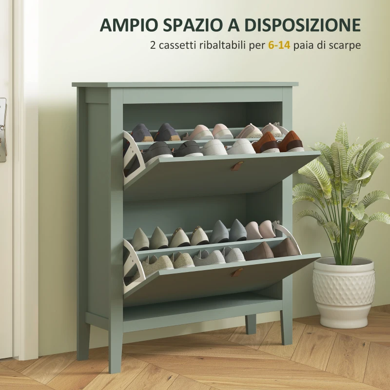 HOMCOM Scarpiera Slim 2 Cassetti per 14 Paia di Scarpe Taglia EU44 e Ripiani Regolabili, 80x24x95.5cm, Verde