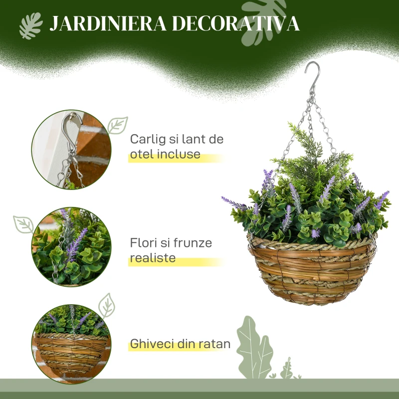 Outsunny Set 2 Plante Artificiale de Lavandă cu Ghiveci și Cârlig, Ø25x34 cm, Verde și Violet(m-4)