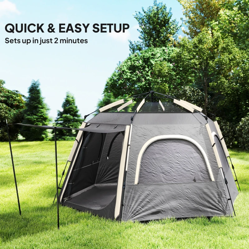Outsunny Instant Pop Up Camping Tent, 2/3/4 Person Easy Setup Dome Family Tent with Vestibule, Rainfly, 4 Mesh Windows & 2 Doors, Hexagonal Design, Waterproof & UV Protected, Dark Grey
