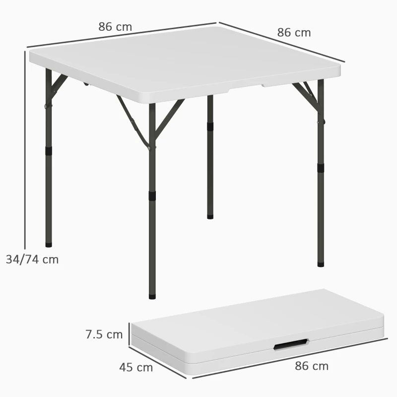 Outsunny Masă de Camping Pliabilă cu 2 Înălțimi Reglabile, din HDPE și Metal, 86x86x74 cm, Alb