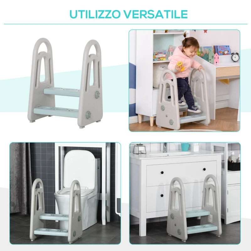 HOMCOM Sgabello per Bambini Scaletta a 2 Gradini in HDPE Età 2-5 Anni, Blu e Grigio