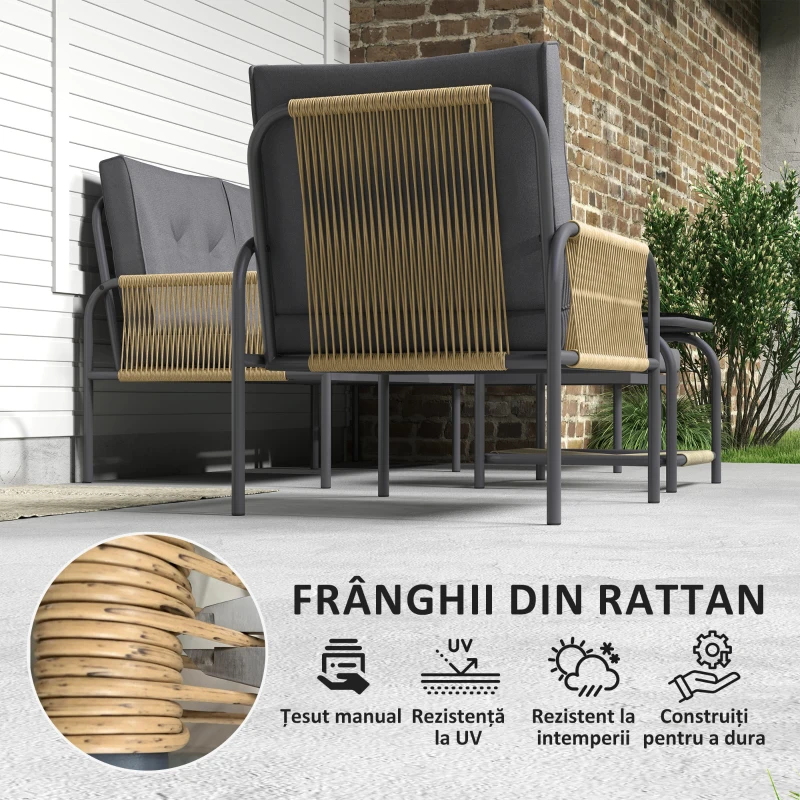 Outsunny Set Mobilier de Grădină din 4 Piese cu Canapea, Fotoliu, Șezlong și Măsuță, 64x70x78 cm, Gri Închis