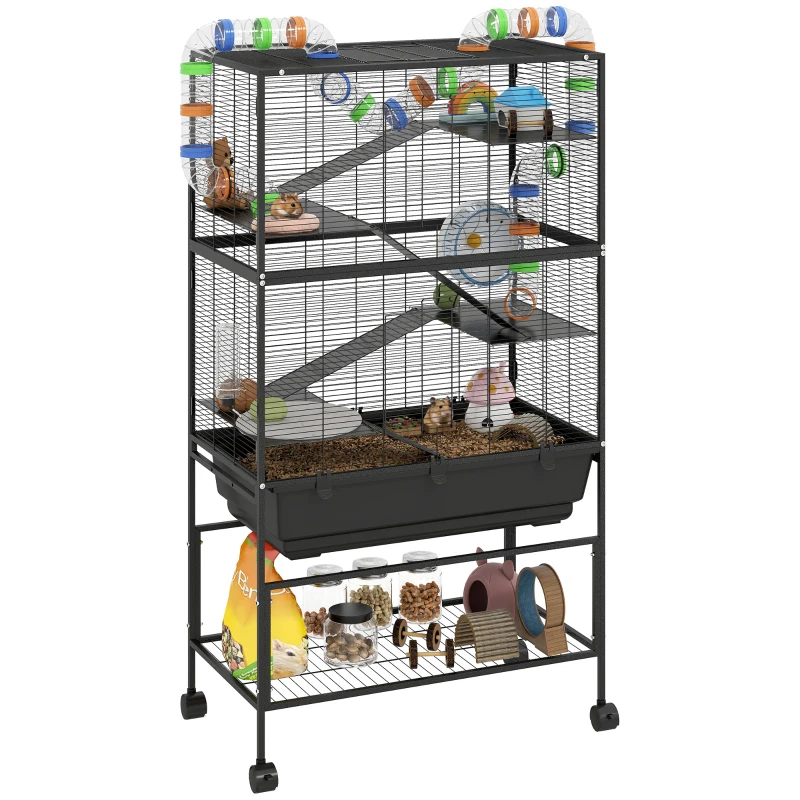 PawHut 5 Tier Large Hamster Cage on Wheels with 17 cm Deep Tray, Storage Shelf for Syrian, Gerbil, Rats