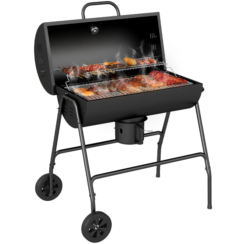 Outsunny Barbecue au charbon de bois BBQ avec couvercle, grille et thermomètre, avec roues, poignée, 95 x 71,5 x 102 cm, noir