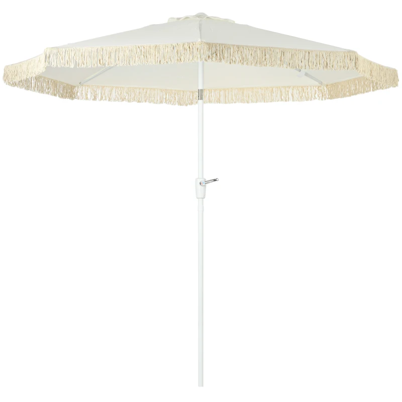 Outsunny Umbrelă de Grădină Înclinabilă cu Franjuri, Manivelă şi Tijă în 2 Secţiuni, Ø2.65x2.45 m, Alb
