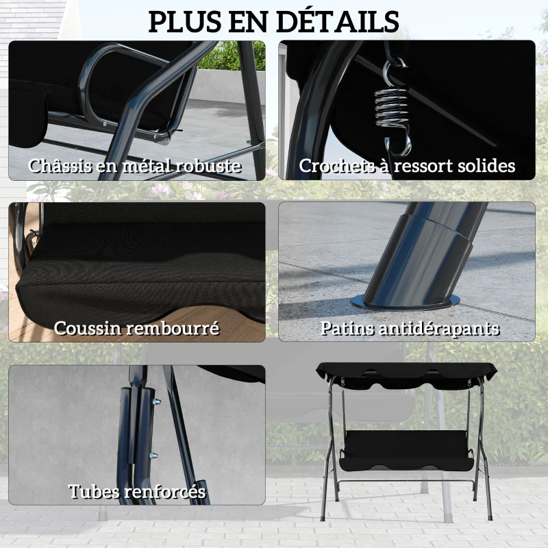 Outsunny Balancelle de Jardin 3 Places Toit imperméabilisé Inclinaison réglable Coussins Assise Dossier Noir