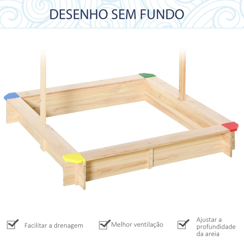 Outsunny Caixa de areia de madeira para crianças com telhado Toldo ajustável Espaçoso 120x120x120 cm para jardim Cor madeira natural