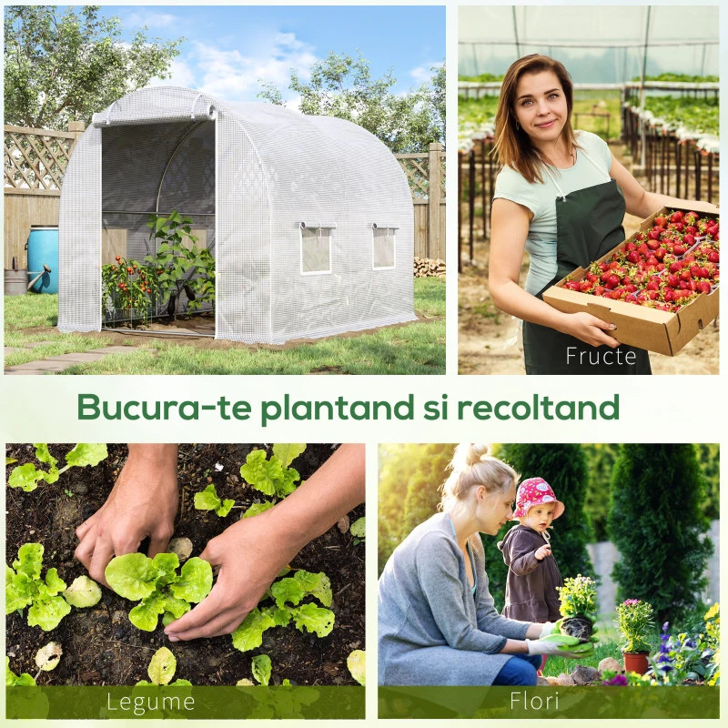 Outsunny Seră Tunel cu 4 Ferestre şi Usă Rulantă cu Fermoar, Seră pentru Plante din Oţel Zincat şi Polietilenă, 3x2x1.9 m, Alb(m-7)