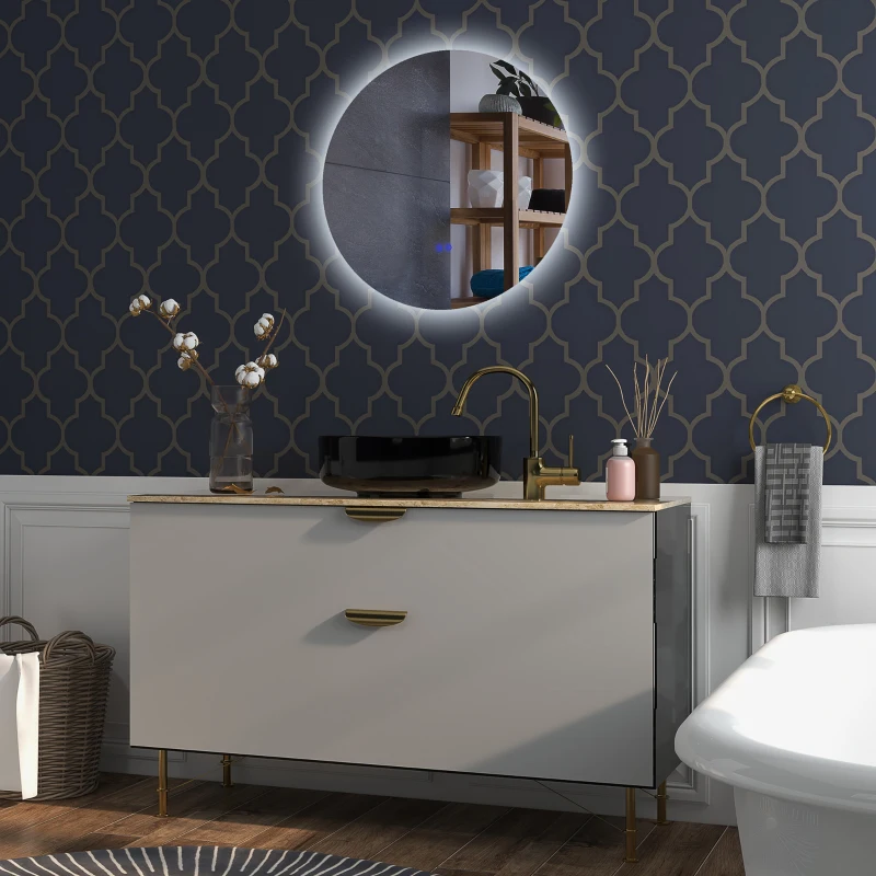 kleankin Specchio Bagno con Luci LED Regolabili, Interruttori Touch e Design Antiappannamento, Ø70 cm
