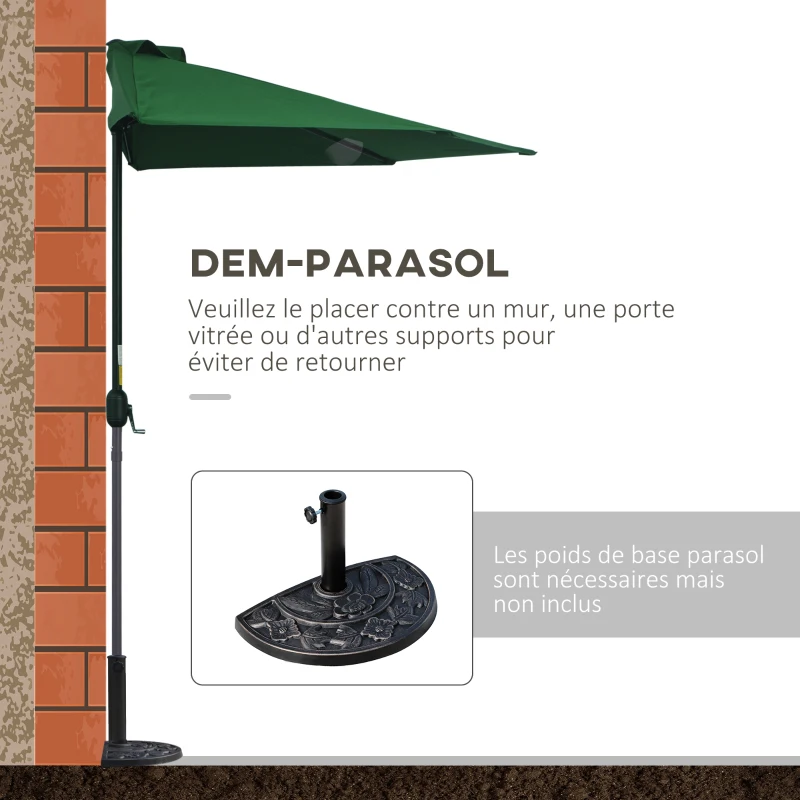 Outsunny Demi parasol parasol de balcon 5 entretoises métal cheminée incluse 2,93 x 1,5 x 2,49 m polyester haute densité vert